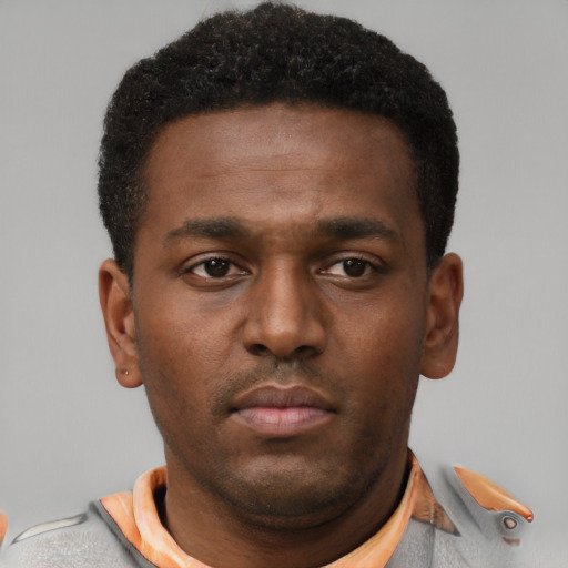 Neutral black young-adult male with short  brown hair and brown eyes
