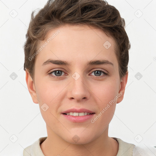 Joyful white young-adult female with short  brown hair and grey eyes