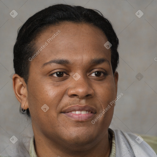 Joyful black young-adult male with short  brown hair and brown eyes