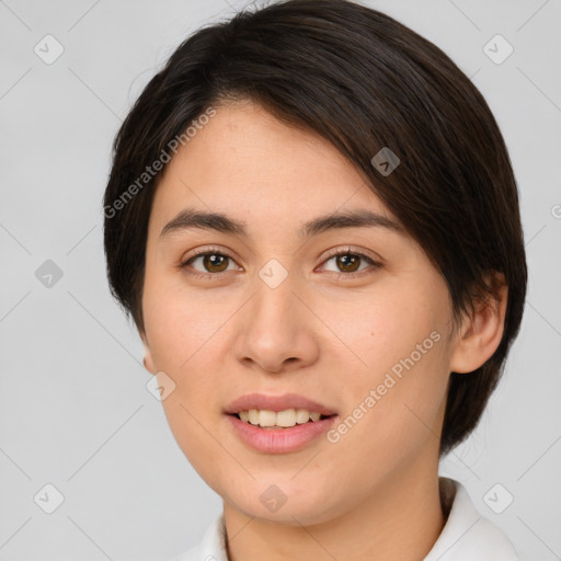 Joyful white young-adult female with medium  brown hair and brown eyes