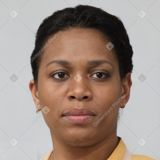 Neutral black young-adult female with short  brown hair and brown eyes
