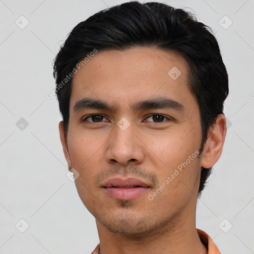 Neutral asian young-adult male with short  black hair and brown eyes