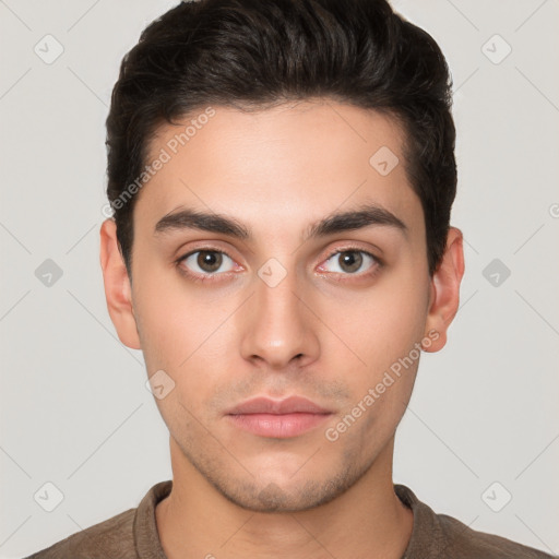 Neutral white young-adult male with short  brown hair and brown eyes