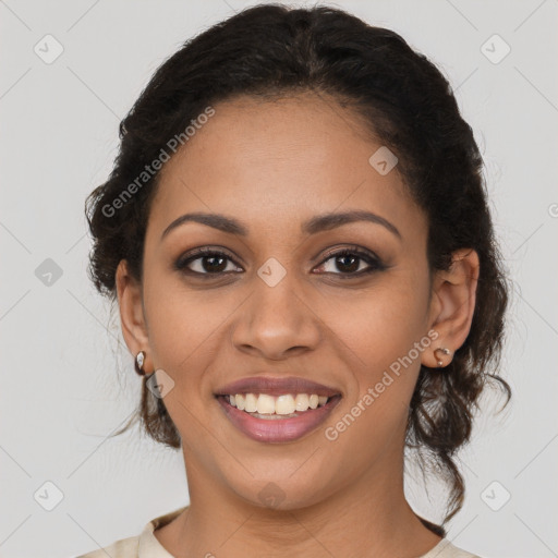 Joyful latino young-adult female with long  brown hair and brown eyes