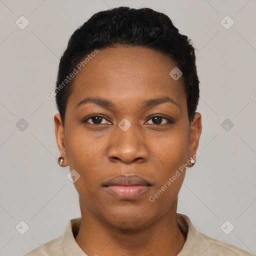 Neutral black young-adult female with short  black hair and brown eyes