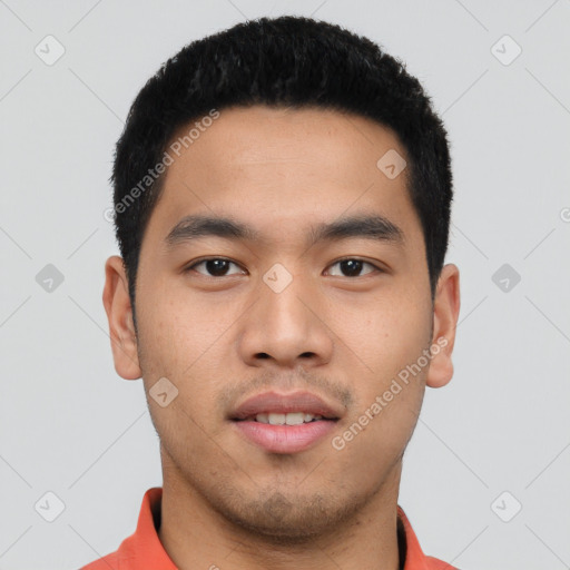 Neutral asian young-adult male with short  black hair and brown eyes