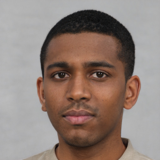 Neutral black young-adult male with short  black hair and brown eyes