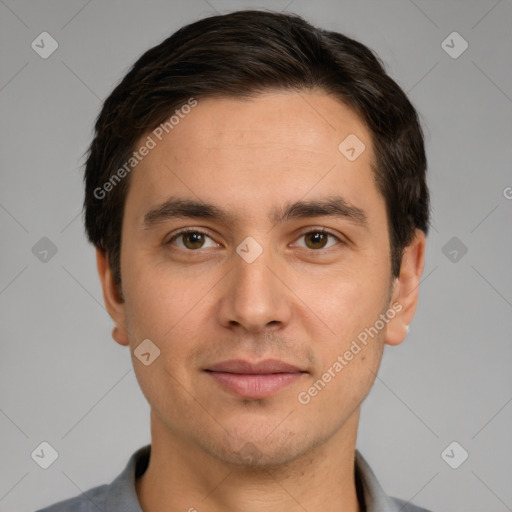 Joyful white young-adult male with short  brown hair and brown eyes