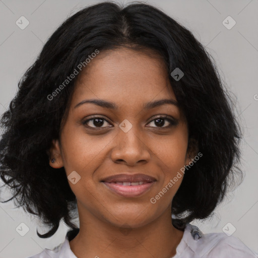 Joyful black young-adult female with medium  black hair and brown eyes