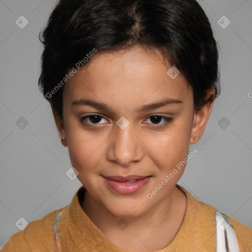 Joyful white child female with short  brown hair and brown eyes