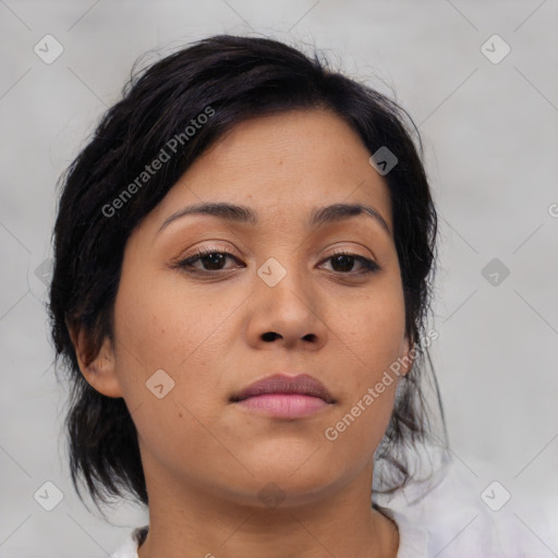 Neutral asian young-adult female with medium  brown hair and brown eyes