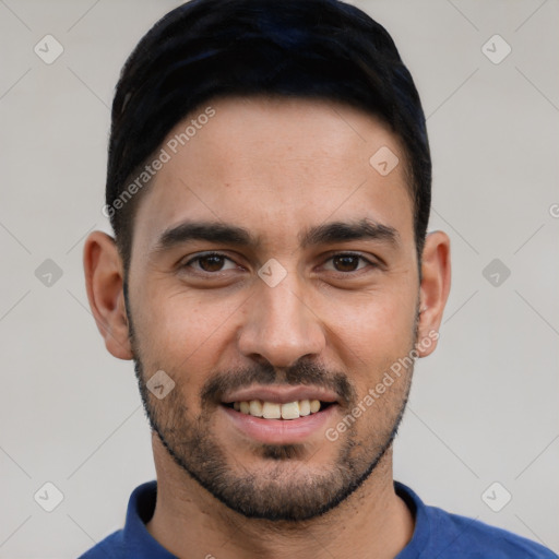 Joyful asian young-adult male with short  black hair and brown eyes