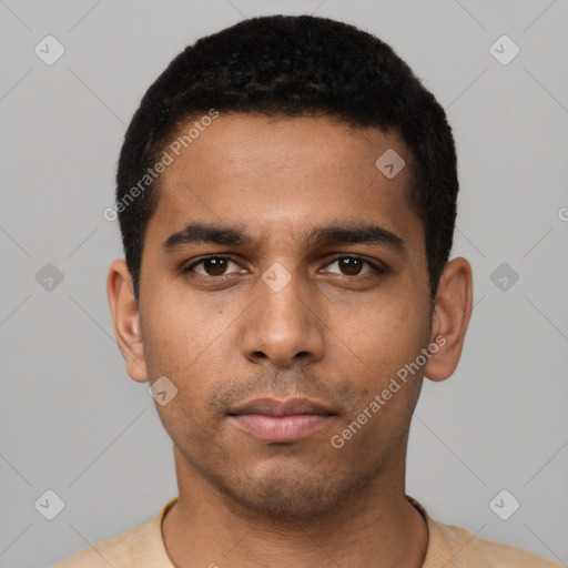 Neutral latino young-adult male with short  black hair and brown eyes