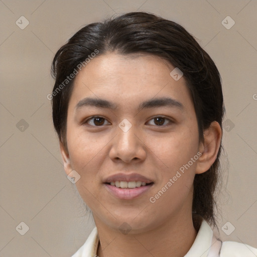 Joyful white young-adult female with medium  brown hair and brown eyes