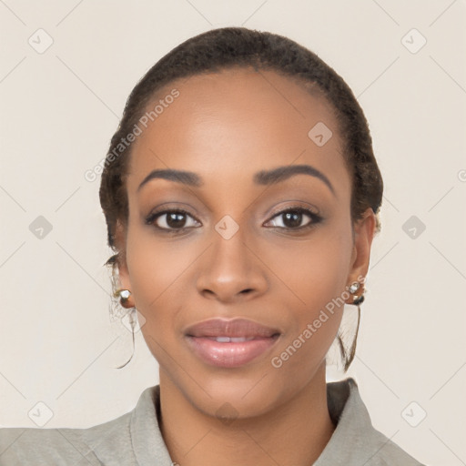 Joyful latino young-adult female with long  brown hair and brown eyes