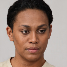 Neutral black young-adult female with short  brown hair and brown eyes