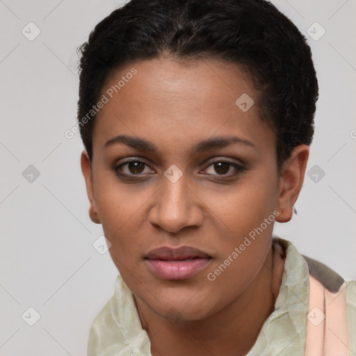 Joyful latino young-adult female with short  brown hair and brown eyes