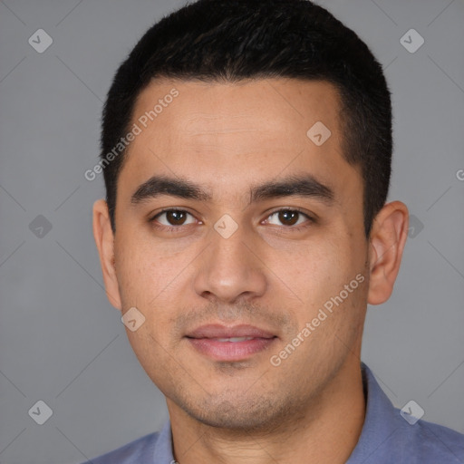 Joyful white young-adult male with short  black hair and brown eyes