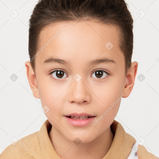 Joyful white child female with short  brown hair and brown eyes