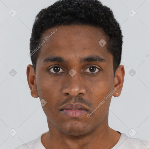 Neutral black young-adult male with short  black hair and brown eyes