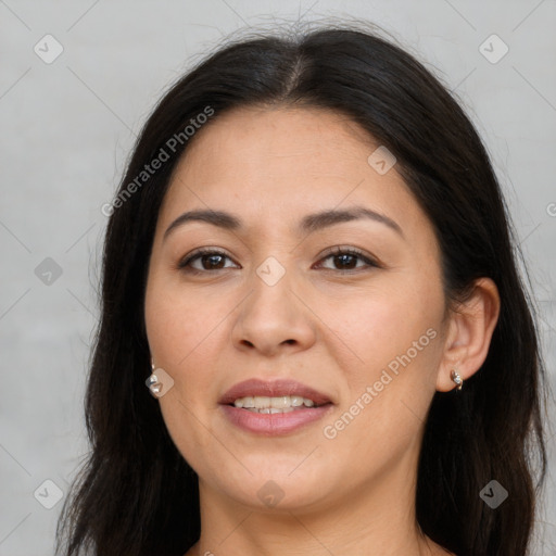 Joyful white young-adult female with long  brown hair and brown eyes