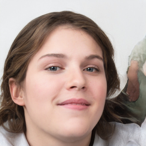 Neutral white young-adult female with medium  brown hair and blue eyes