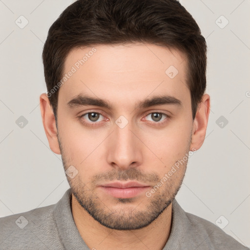 Neutral white young-adult male with short  brown hair and brown eyes