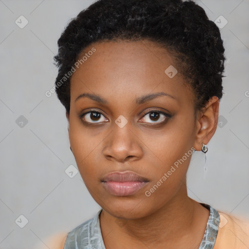 Neutral black young-adult female with short  black hair and brown eyes