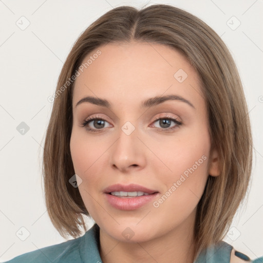 Neutral white young-adult female with medium  brown hair and brown eyes