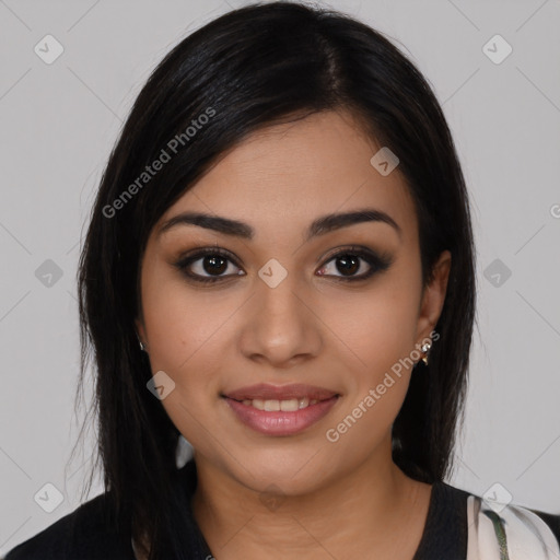 Joyful latino young-adult female with medium  black hair and brown eyes