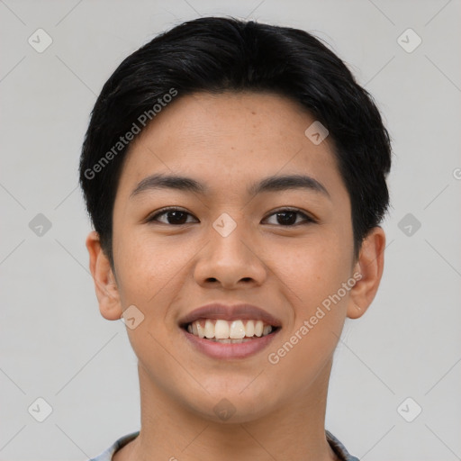 Joyful asian young-adult female with short  black hair and brown eyes