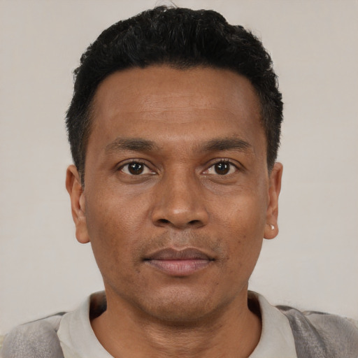 Neutral black young-adult male with short  black hair and brown eyes