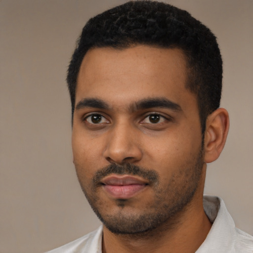 Neutral black young-adult male with short  black hair and brown eyes