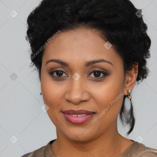 Joyful latino young-adult female with medium  black hair and brown eyes