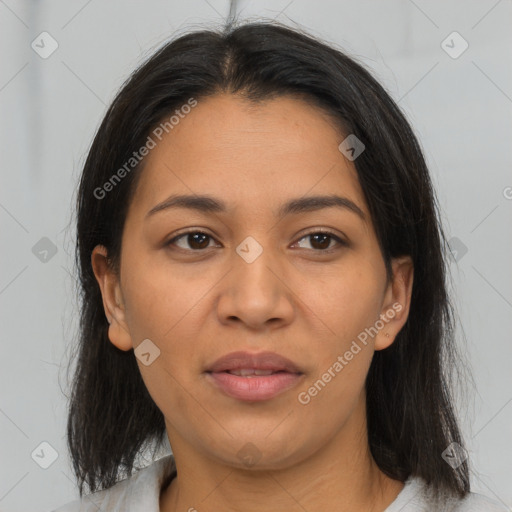 Joyful latino young-adult female with medium  brown hair and brown eyes