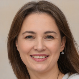 Joyful white adult female with medium  brown hair and brown eyes