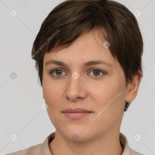 Joyful white young-adult female with short  brown hair and brown eyes