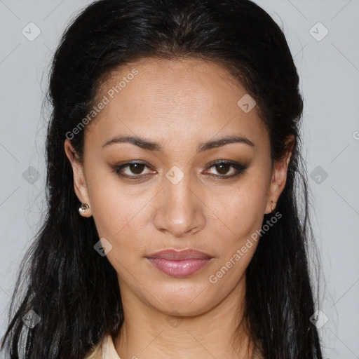 Joyful latino young-adult female with long  brown hair and brown eyes