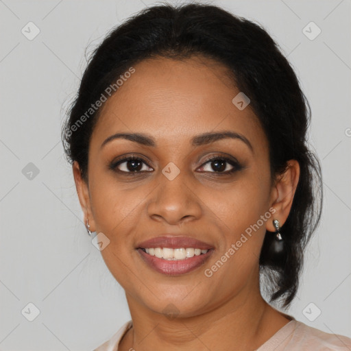 Joyful latino young-adult female with medium  brown hair and brown eyes