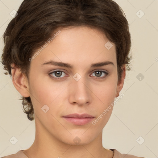 Neutral white young-adult female with short  brown hair and brown eyes