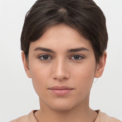 Neutral white young-adult female with short  brown hair and brown eyes