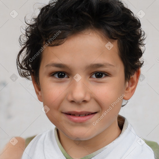 Joyful white child male with short  brown hair and brown eyes