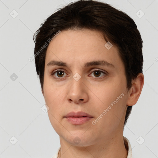 Neutral white young-adult female with short  brown hair and brown eyes