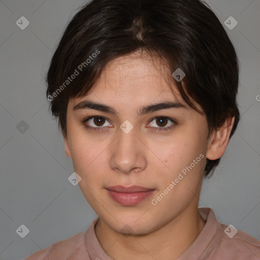 Neutral white young-adult female with medium  brown hair and brown eyes