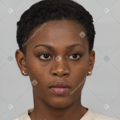 Neutral black young-adult female with short  brown hair and brown eyes