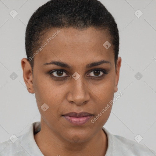 Joyful black young-adult female with short  brown hair and brown eyes