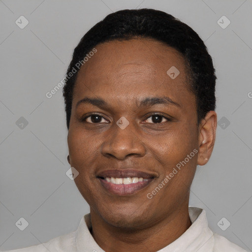 Joyful black adult female with short  black hair and brown eyes