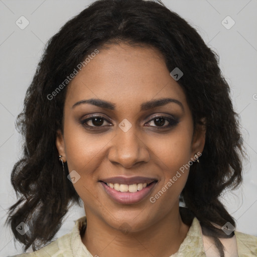 Joyful black young-adult female with medium  brown hair and brown eyes