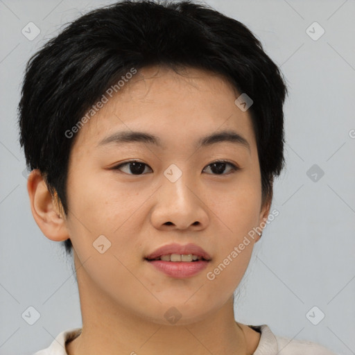 Joyful asian young-adult female with short  black hair and brown eyes