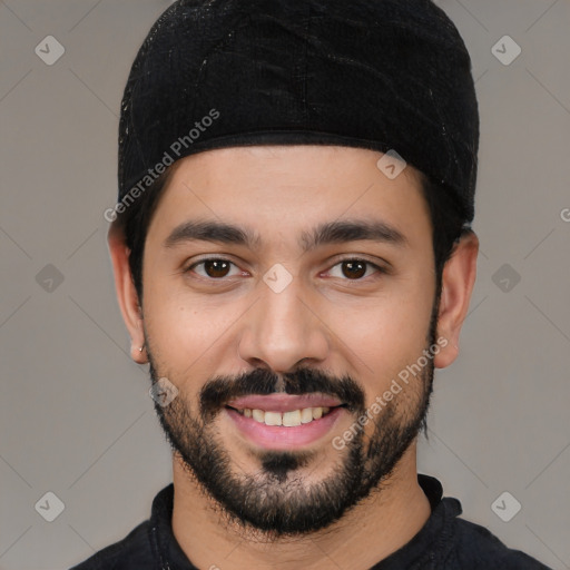 Joyful white young-adult male with short  black hair and brown eyes